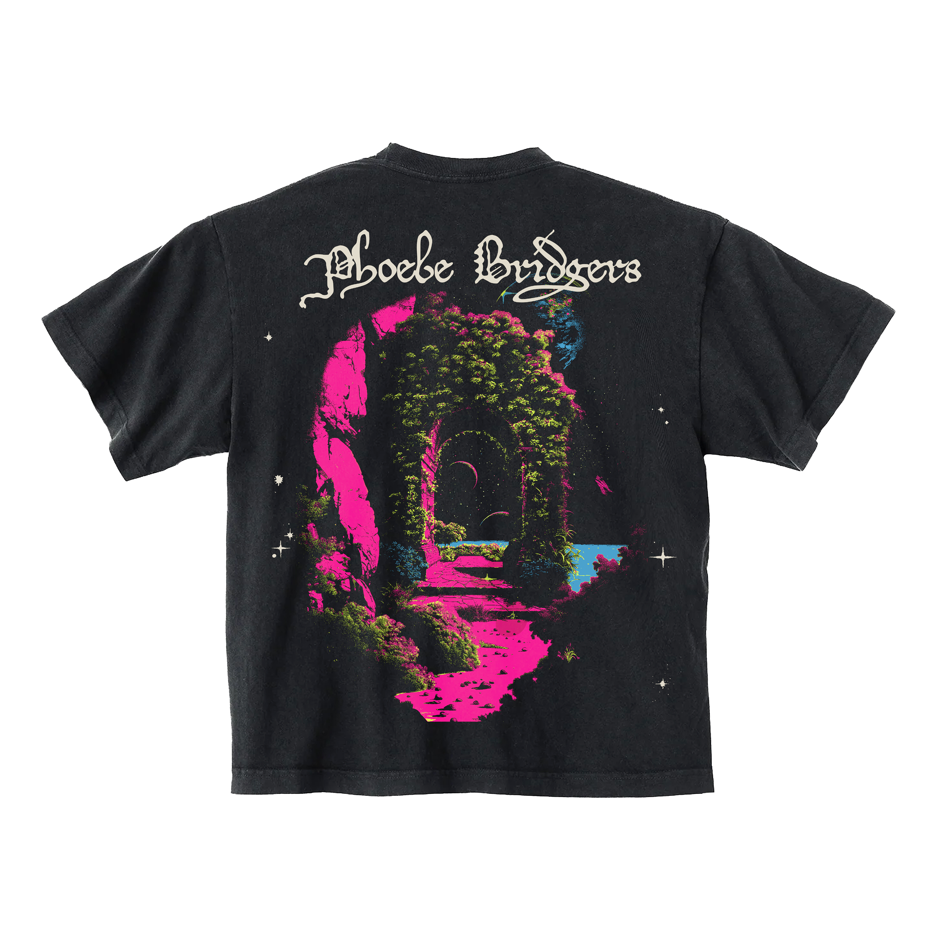 Black t-shirt with colorful graphic design on back