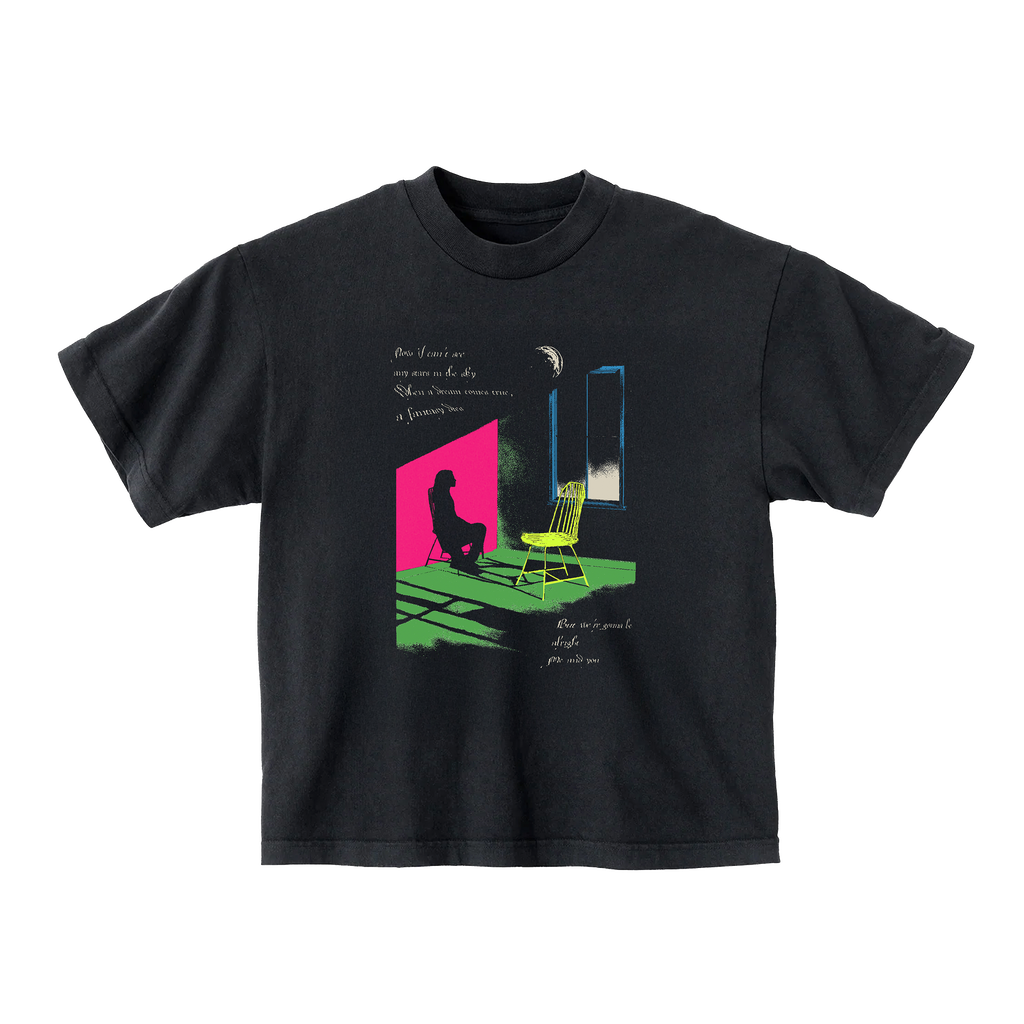 Black t-shirt with colorful graphic design