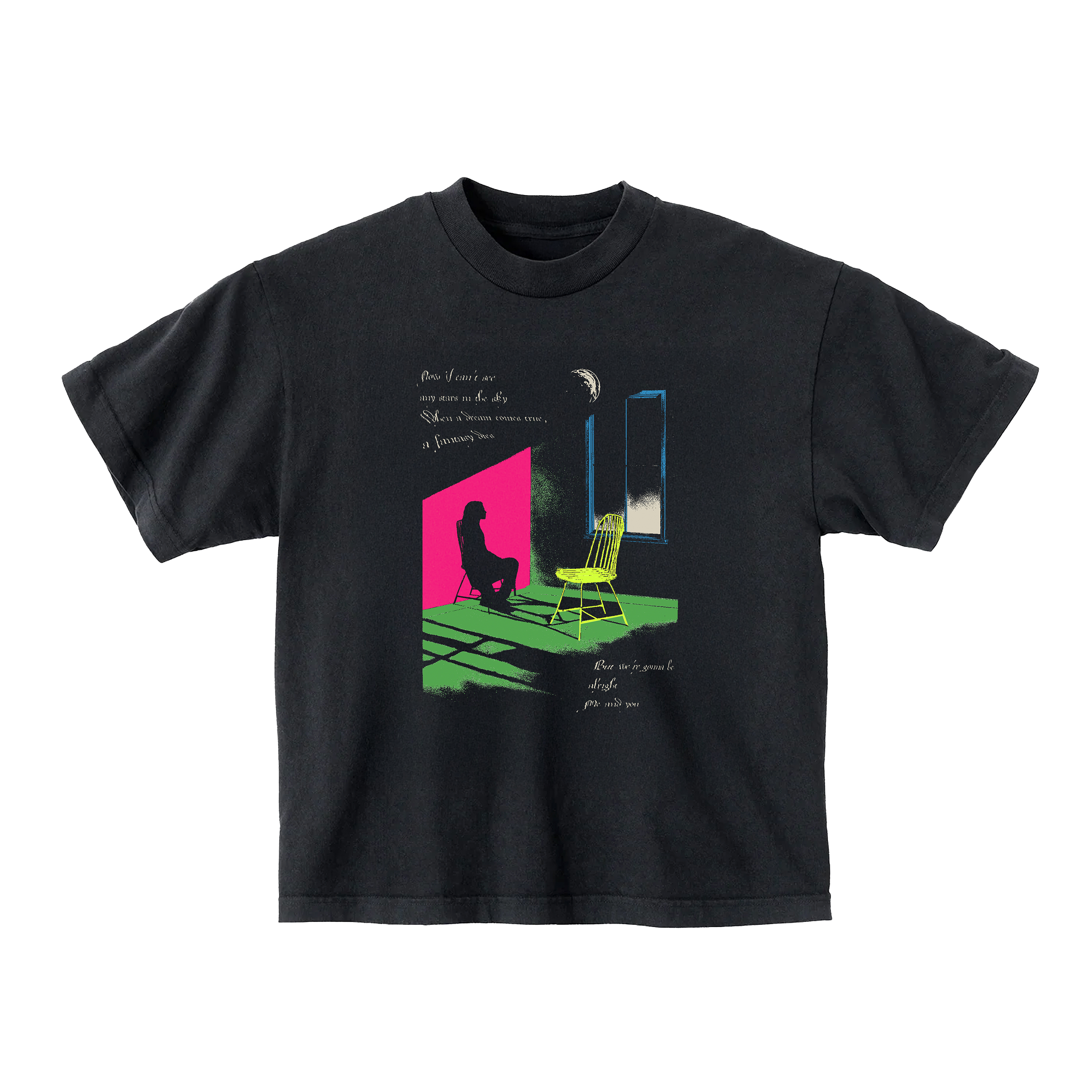 Black t-shirt with colorful graphic design