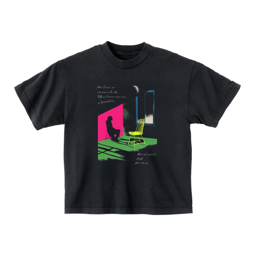 Black t-shirt with colorful graphic design
