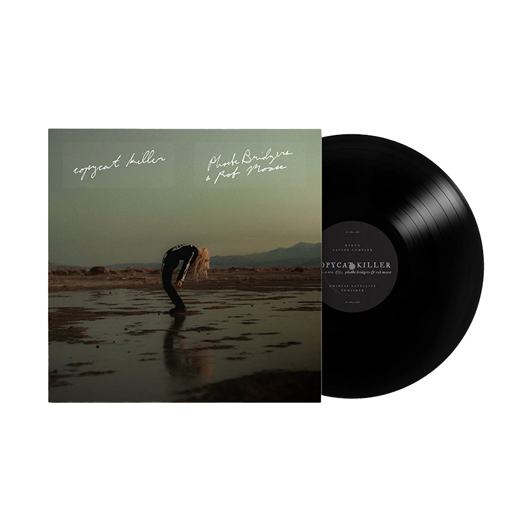 "Copycat Killer" black vinyl record featuring cover art of Phoebe Bridgers standing in water with mountains in the background