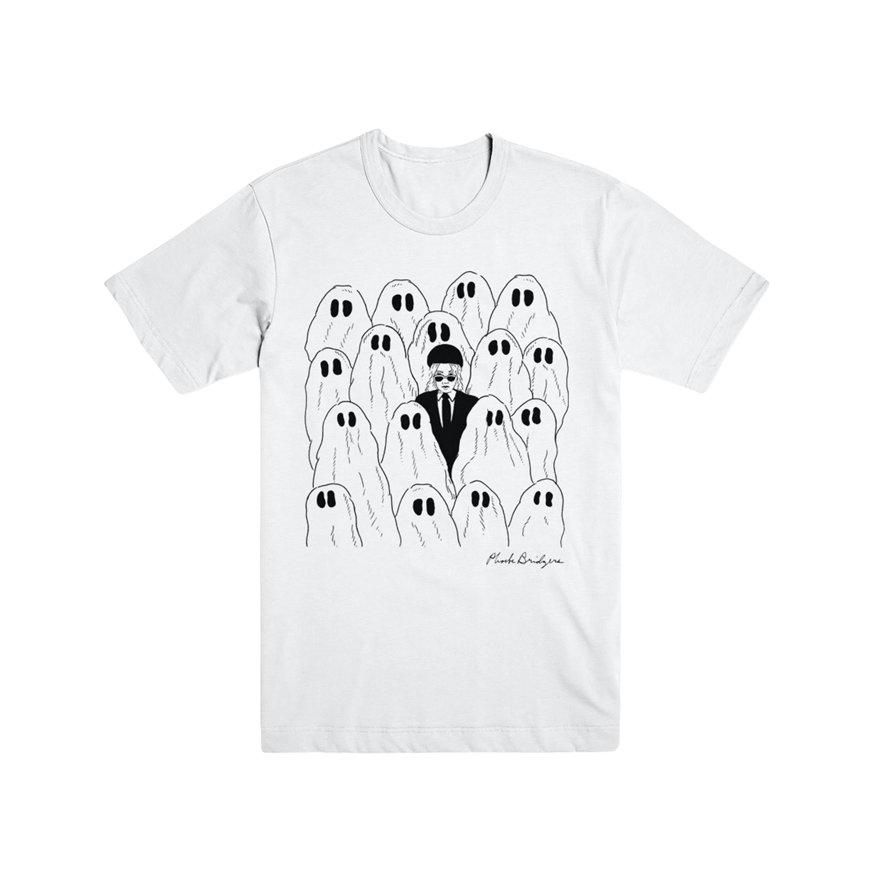 White unisex tee featuring illustrated front artwork of a woman surrounded by ghostly figures, inspired by Phoebe Bridgers. 