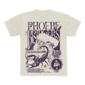 T-shirt with full front print featuring images of Phoebe Bridgers, illustrations of a scorpion, cupid, and floral elements, and text inspired by "I Know The End". Garment dyed in purple. 