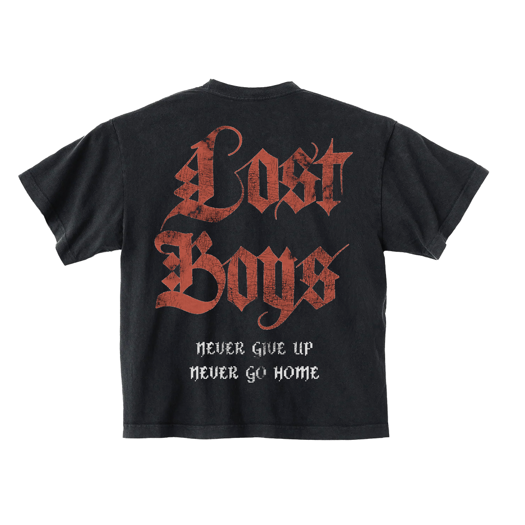 Black t-shirt with 'Lost Boys' and 'Never Give Up Never Go Home' text 
