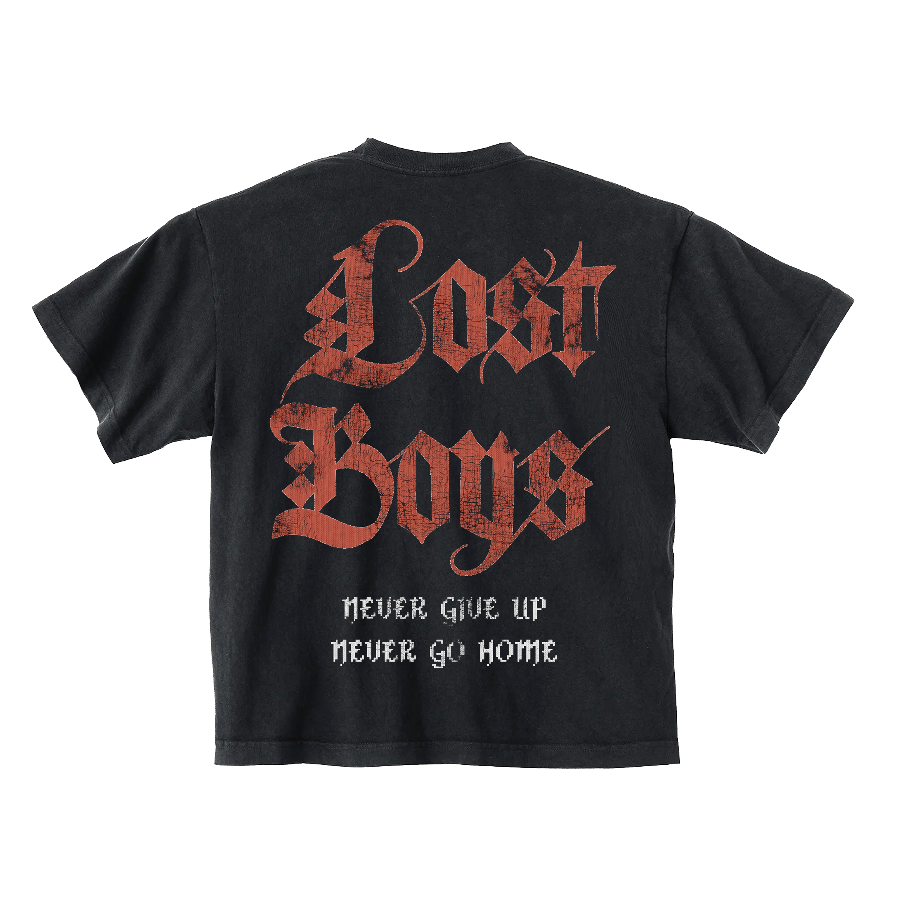 Black t-shirt with 'Lost Boys' and 'Never Give Up Never Go Home' text 