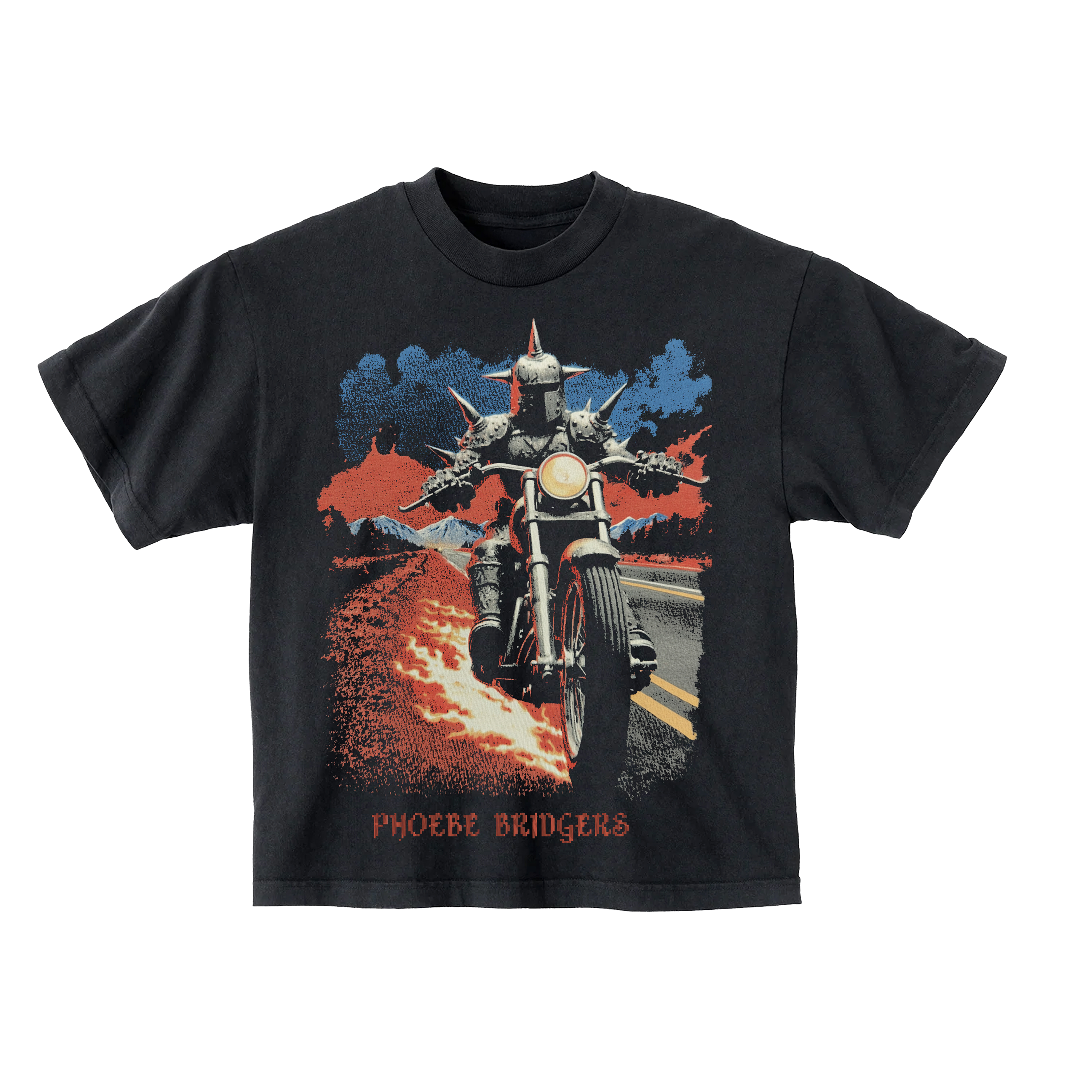 Black t-shirt with a graphic design of a person on a motorcycle and 'Phoebe Bridgers' text