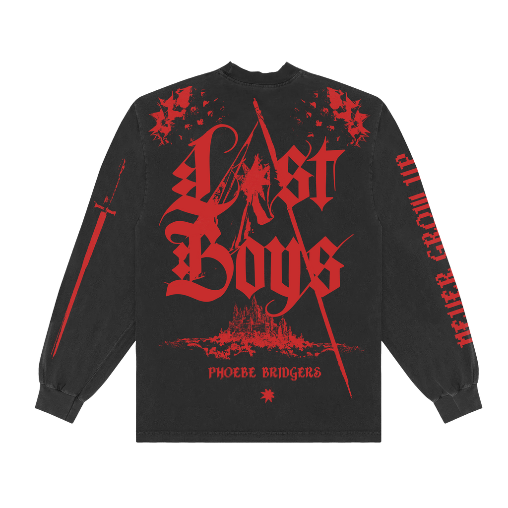Black long-sleeve shirt with red 'Last Boys' and 'Phoebe Bridges' text on the back, with a sword on one arm and "Never grow up" printed down the other