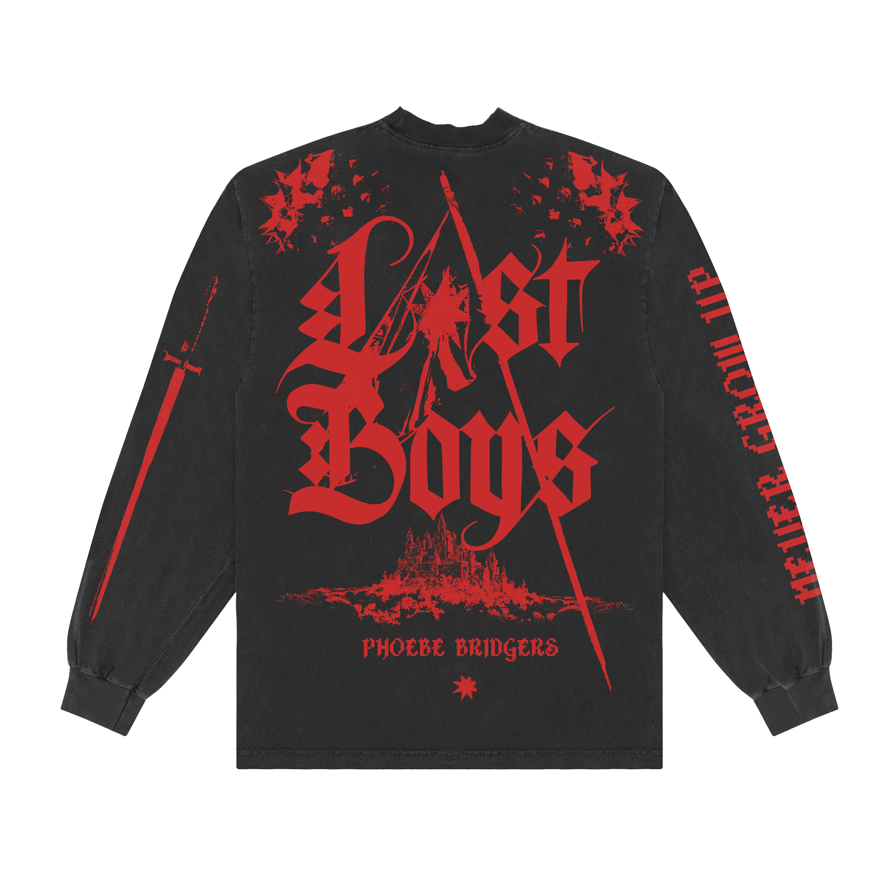 Black long-sleeve shirt with red 'Last Boys' and 'Phoebe Bridges' text on the back, with a sword on one arm and "Never grow up" printed down the other