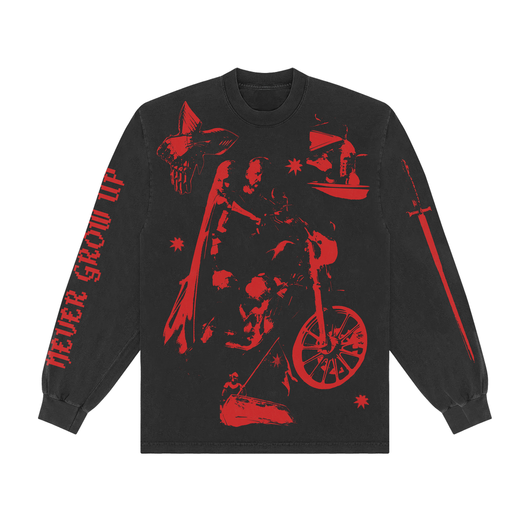 Black long-sleeve shirt with red graphic design of two people on a motorcycle with additional graphic surrounding them. 