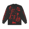 Black long-sleeve shirt with red graphic design of two people on a motorcycle with additional graphic surrounding them. 