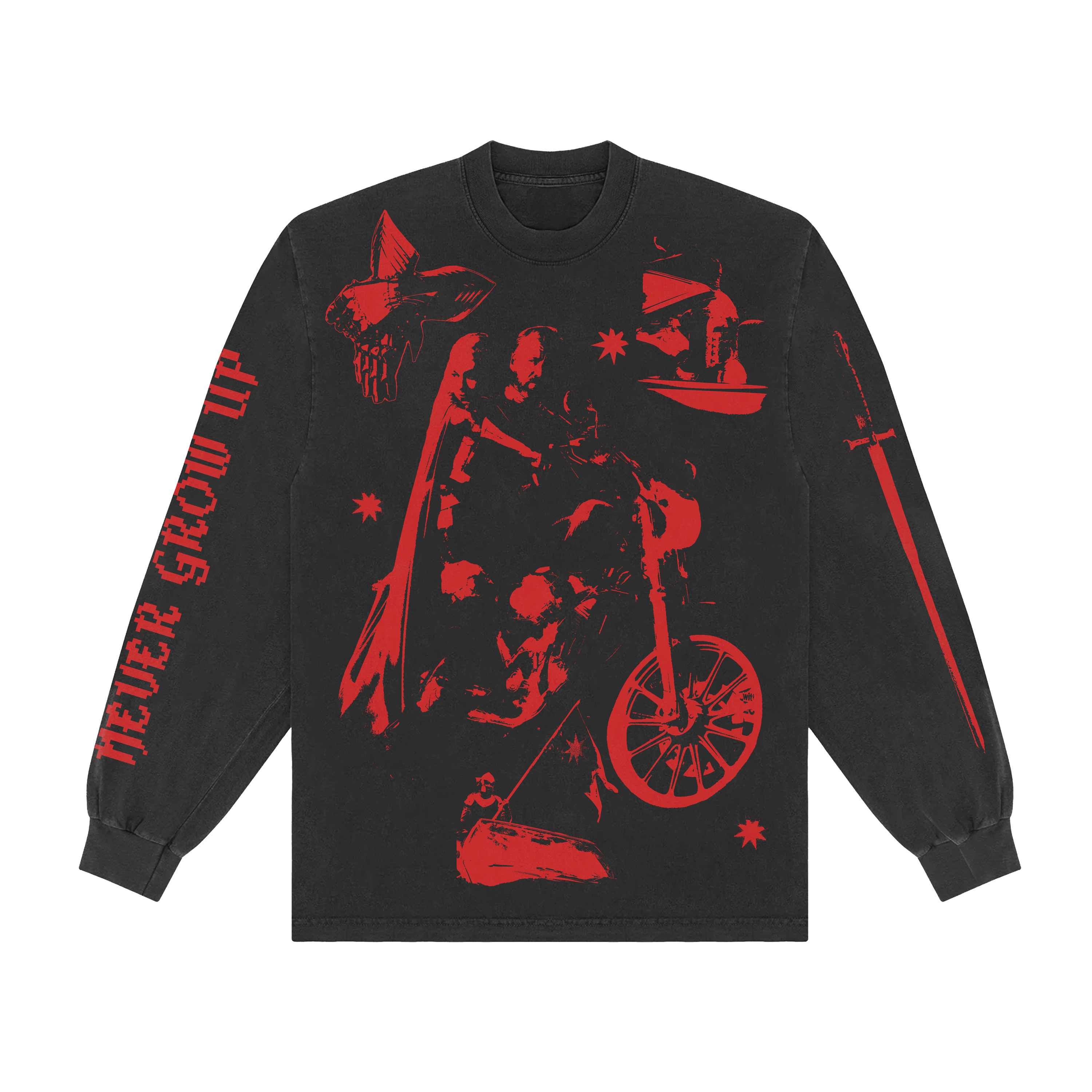 Black long-sleeve shirt with red graphic design of two people on a motorcycle with additional graphic surrounding them. 