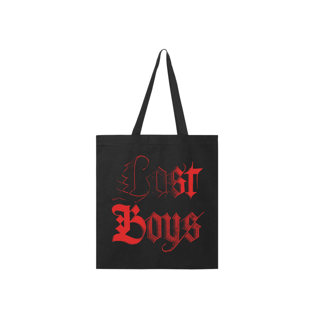 Black tote bag with red 'Lost Boys' text 