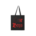 Black tote bag with red 'Lost Boys' text 