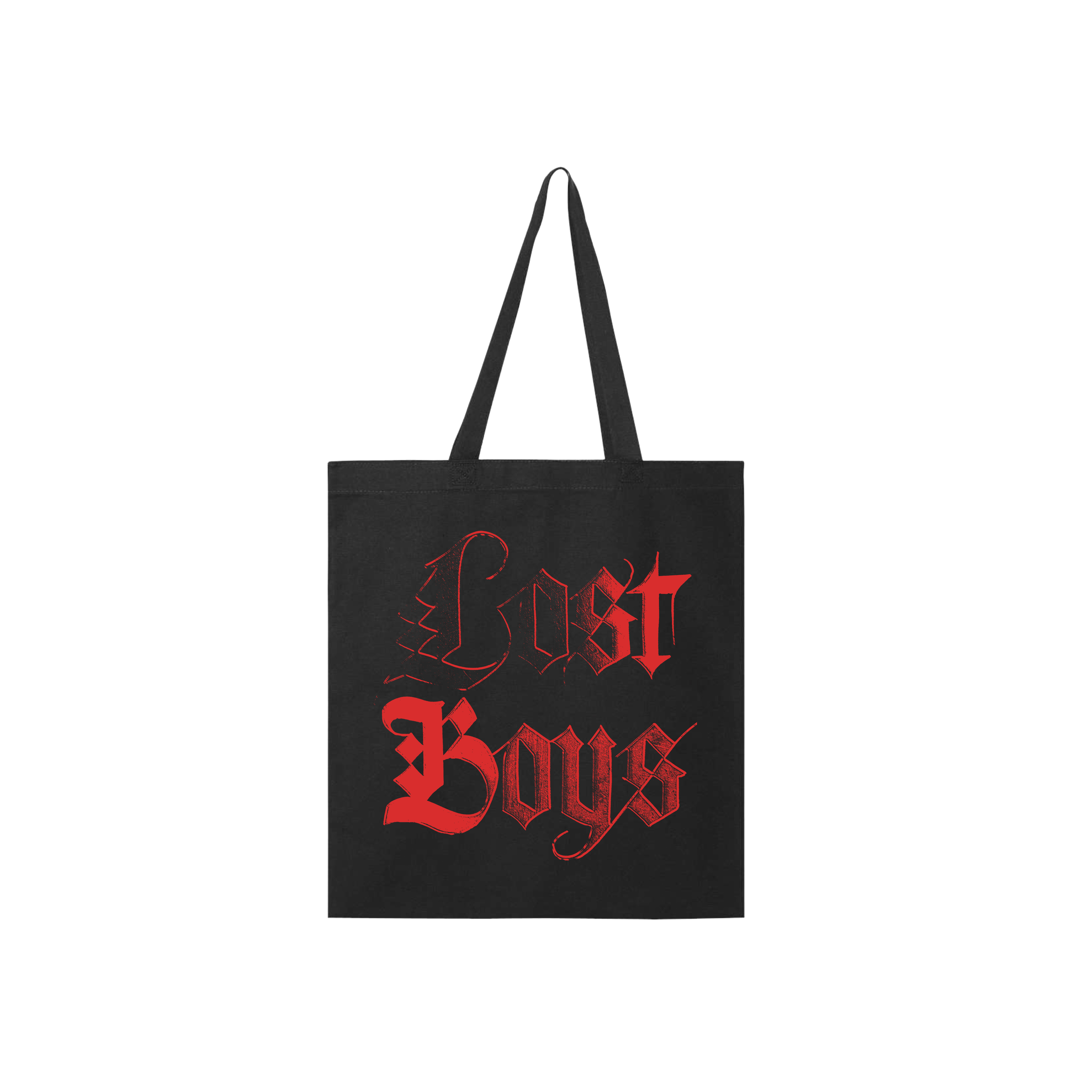 Black tote bag with red 'Lost Boys' text 