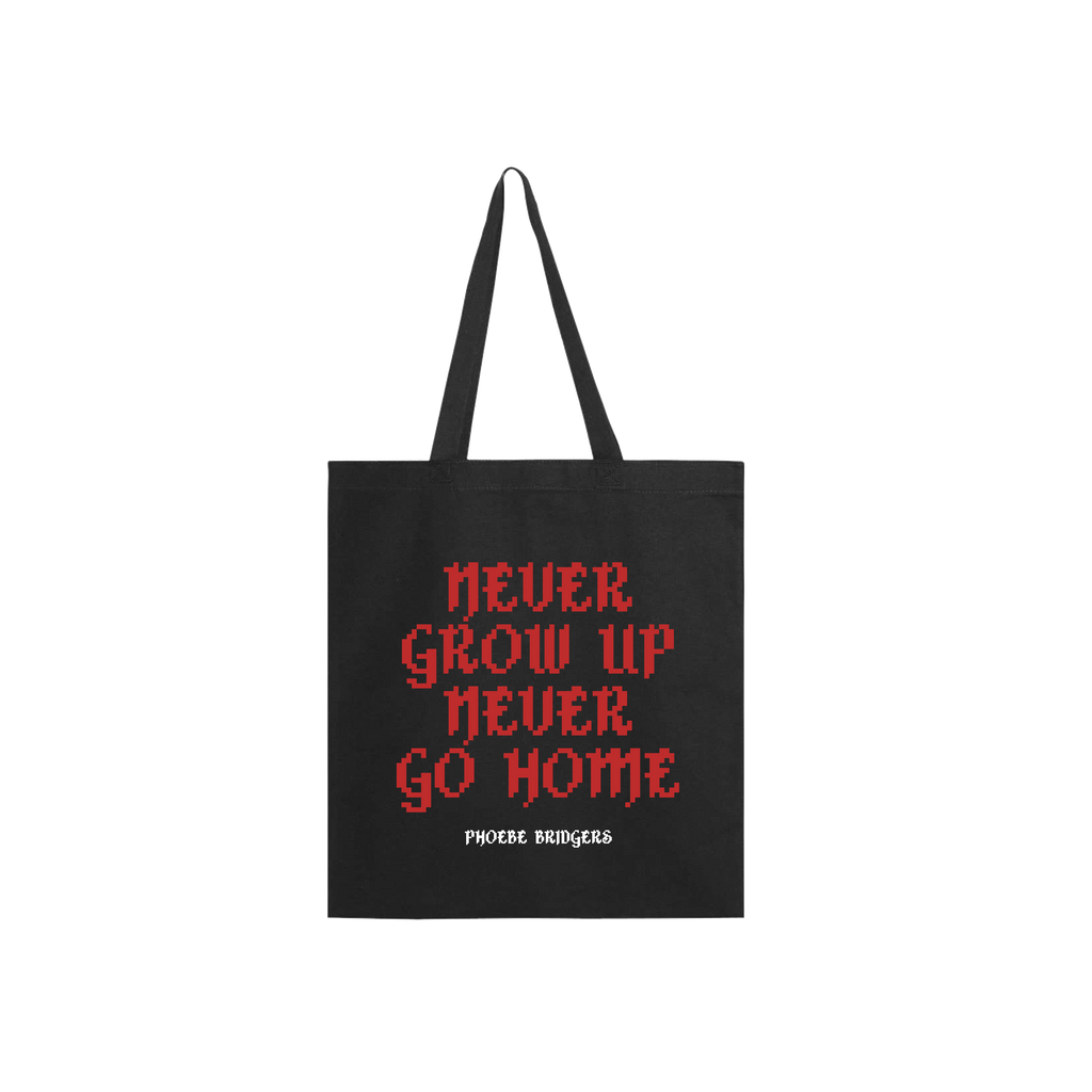 Black tote bag with red text 'NEVER GROW UP NEVER GO HOME' 