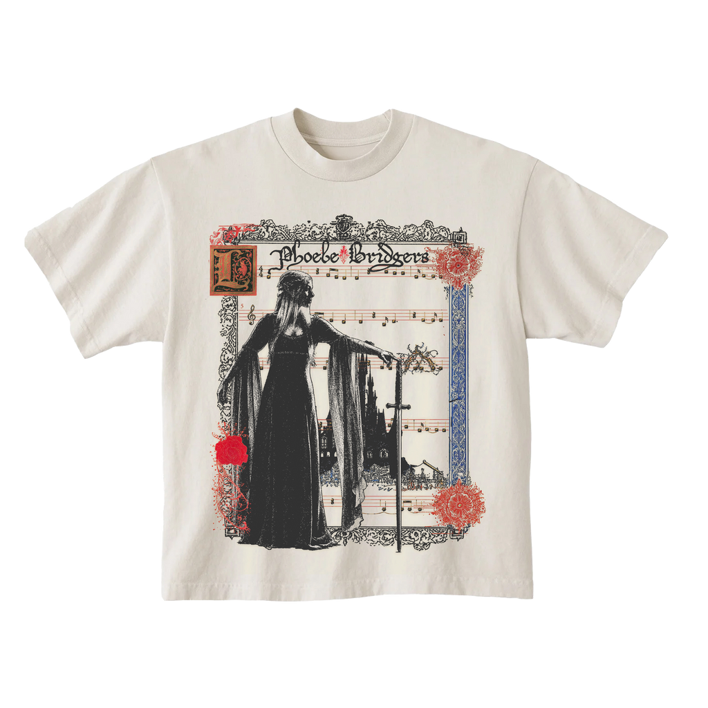 Ivory T-shirt with a graphic design featuring Phoebe Bridgers in a long dress and sheet music elements 