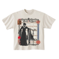 Ivory T-shirt with a graphic design featuring Phoebe Bridgers in a long dress and sheet music elements 
