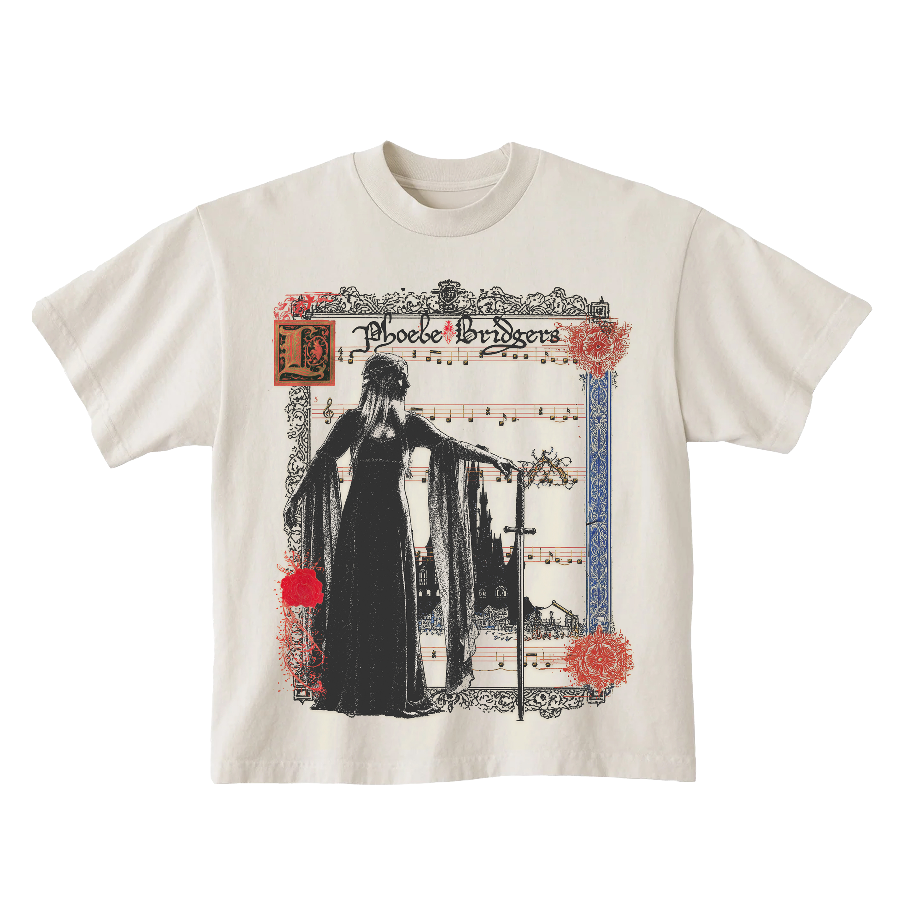 Ivory T-shirt with a graphic design featuring Phoebe Bridgers in a long dress and sheet music elements 