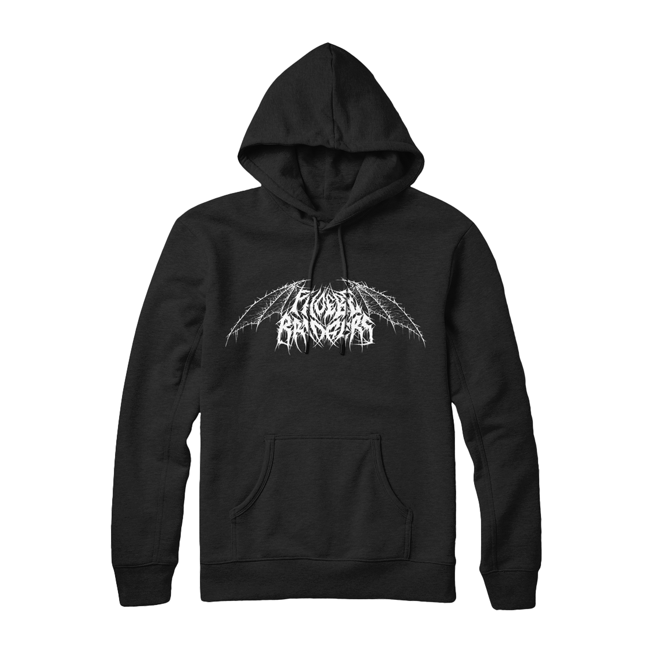 Black hoodie with white graphic design of 'Phoebe Bridgers' metal logo with wings. 