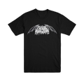 Black t-shirt with white graphic design of 'Phoebe Bridgers' metal logo with wings. 