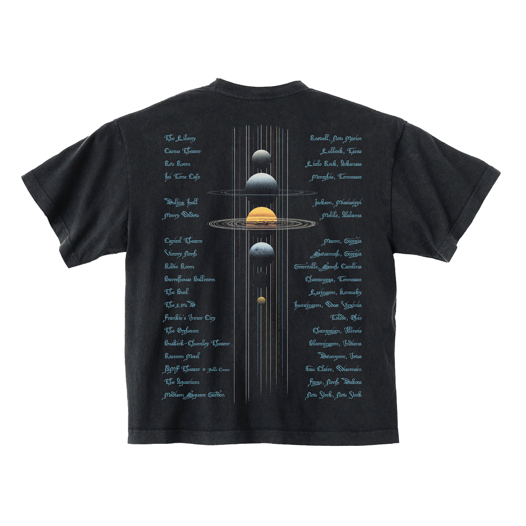 Black t-shirt with space-themed design on back