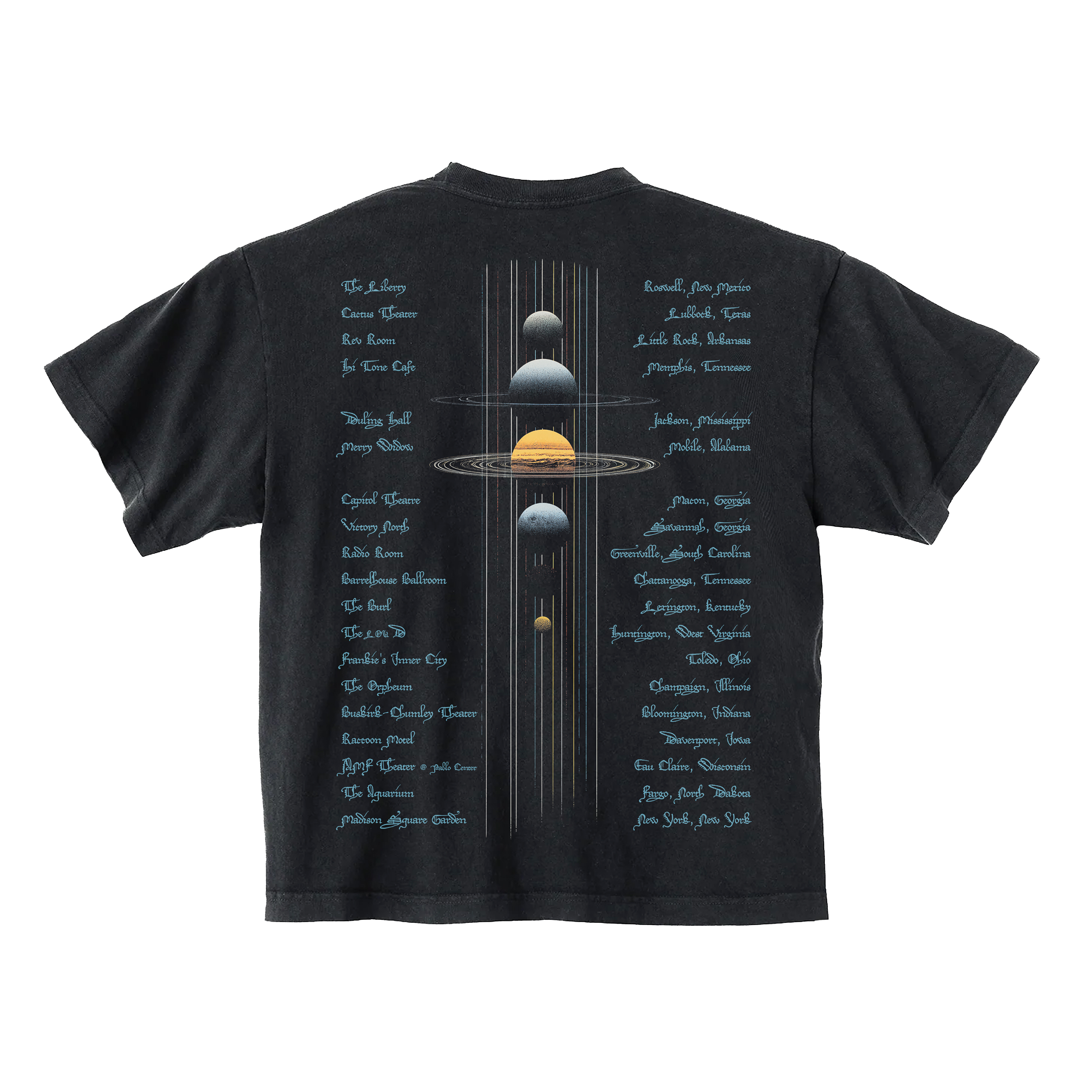 Black t-shirt with space-themed design on back