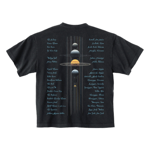 Black t-shirt with space-themed design on back
