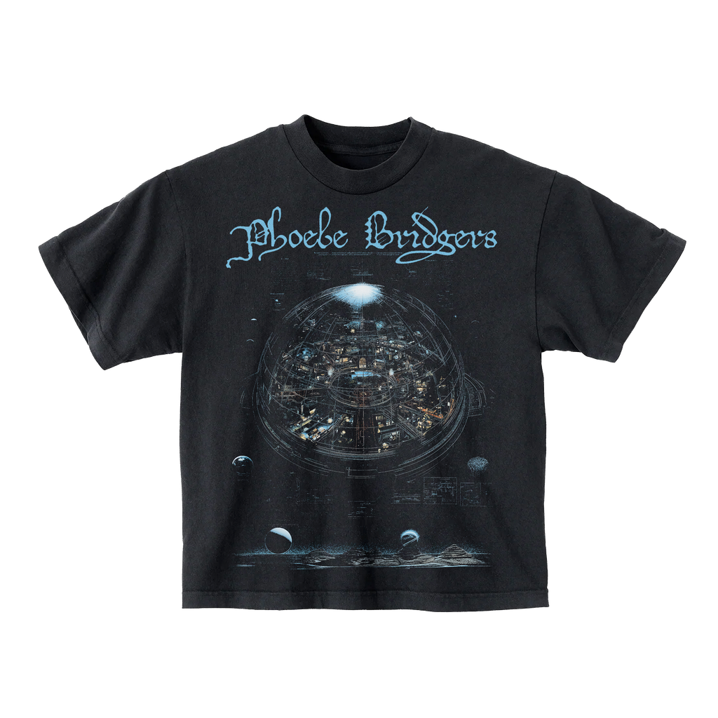 Black t-shirt with a graphic design and 'Phoebe Bridgers' text 