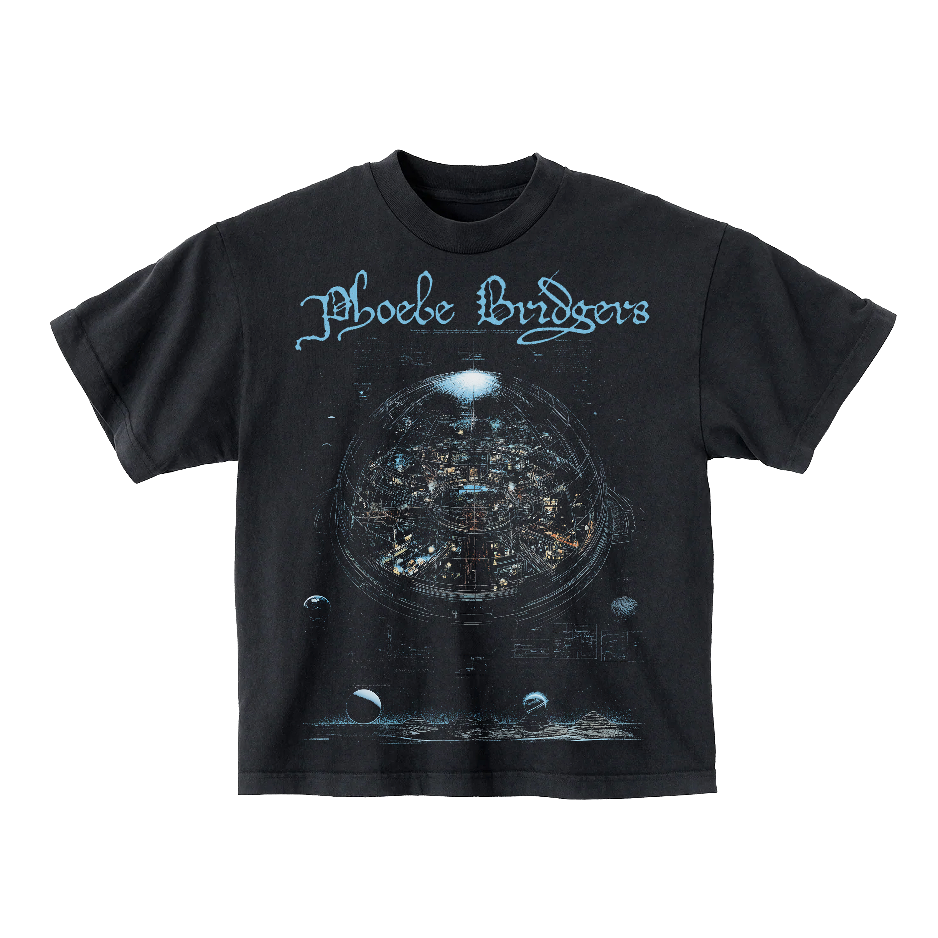 Black t-shirt with a graphic design and 'Phoebe Bridgers' text 