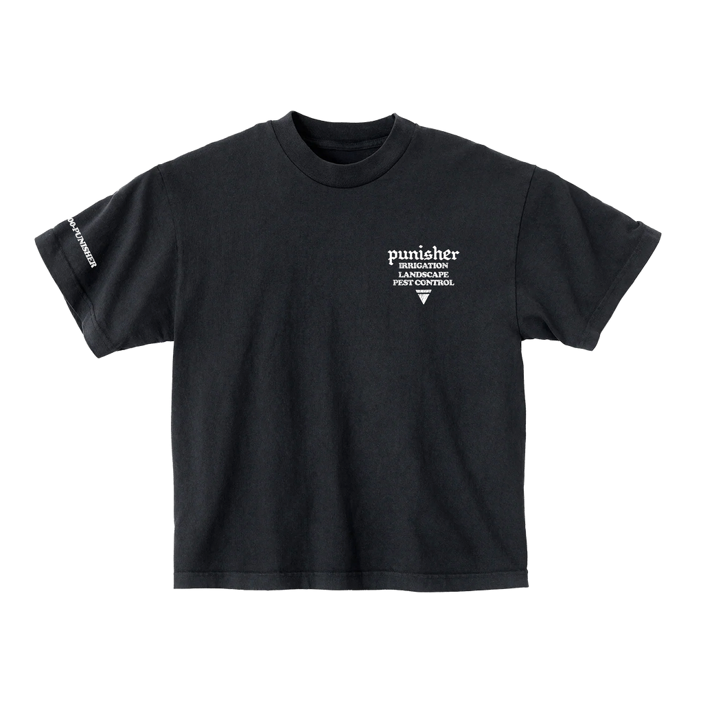 Black t-shirt with white 'punisher' text on the front chest and side of sleeve. 