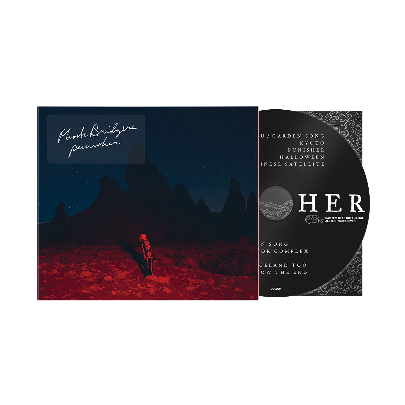 "Punisher" CD with a dark cover featuring a silhouette of a Phoebe Bridgers in red light.