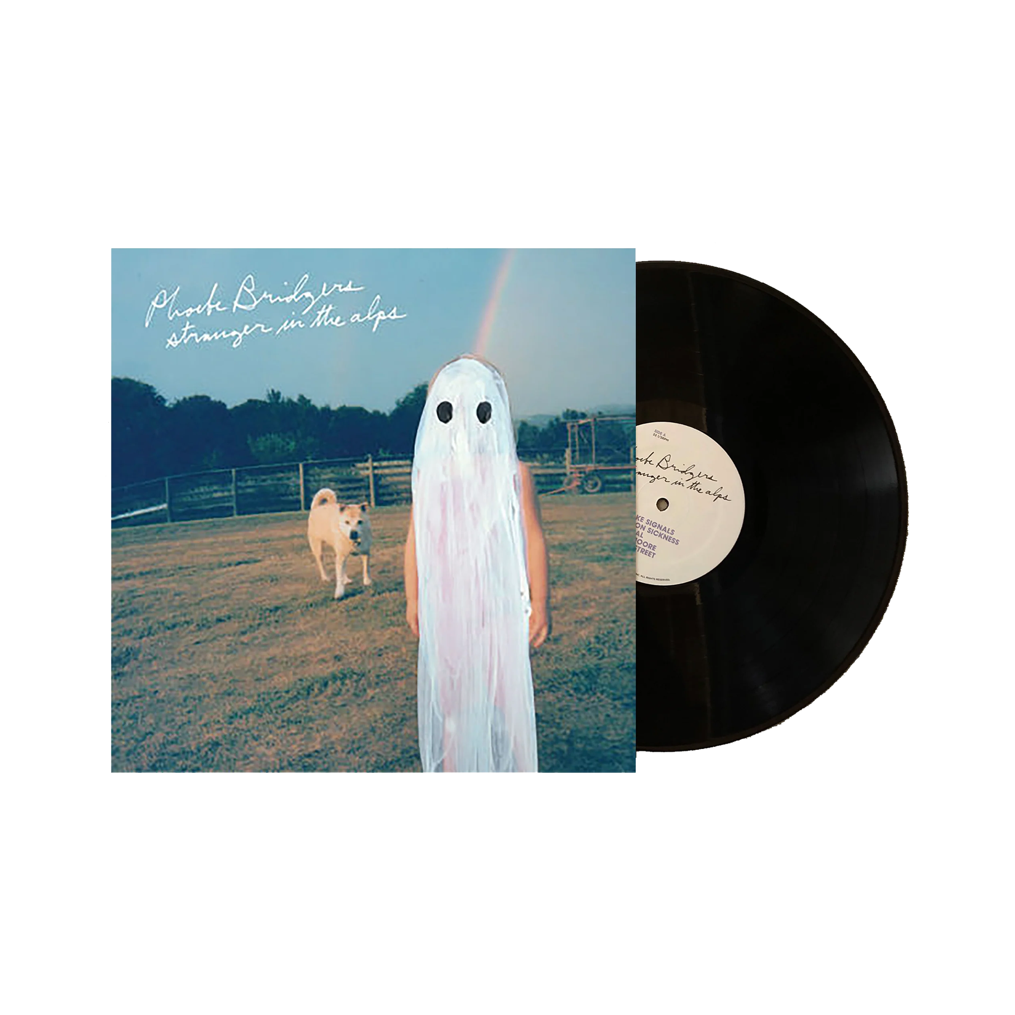 "Stranger in the Alps" black vinyl record with a ghostly figure and dog on the cover.