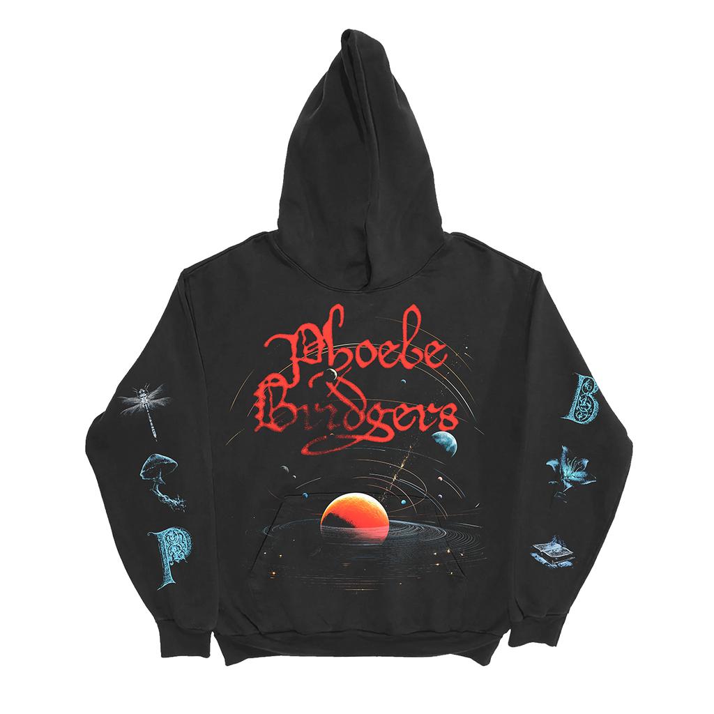 Black hoodie with space-themed design 