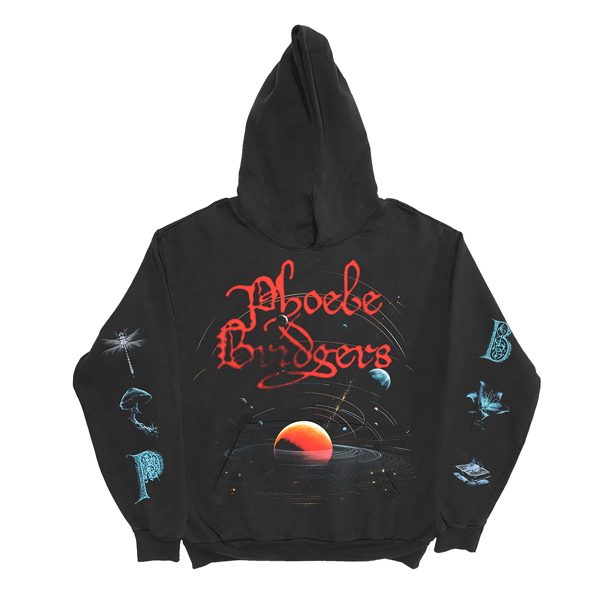 Black hoodie with space-themed design 