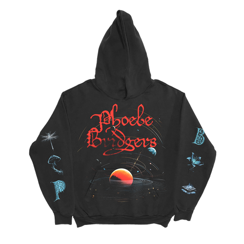 Black hoodie with space-themed design 